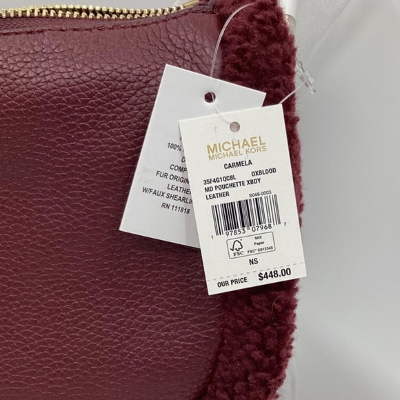 BNWT Michael Kors Carmela Pouchette M Burgundy Oxblood Shearling Leather Xbody - Picture 4 of 6